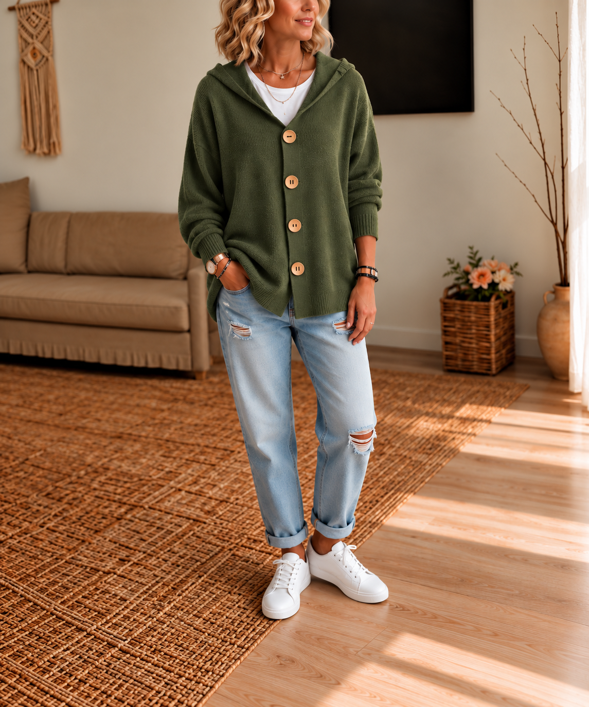 Wearbellax | Hooded Waffle-Knit Button-Front Cardigan
