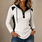 Qearbella | Waffle-Knit Colorblock Button V-Neck Hoodie