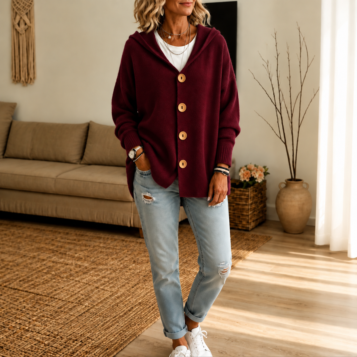 Wearbellax | Hooded Waffle-Knit Button-Front Cardigan