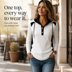 Qearbella | Waffle-Knit Colorblock Button V-Neck Hoodie