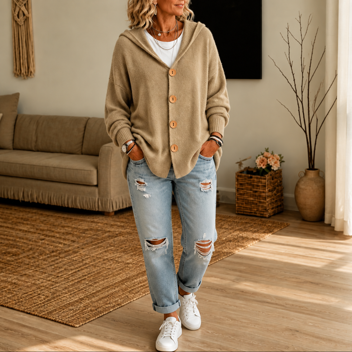 Wearbellax | Hooded Waffle-Knit Button-Front Cardigan