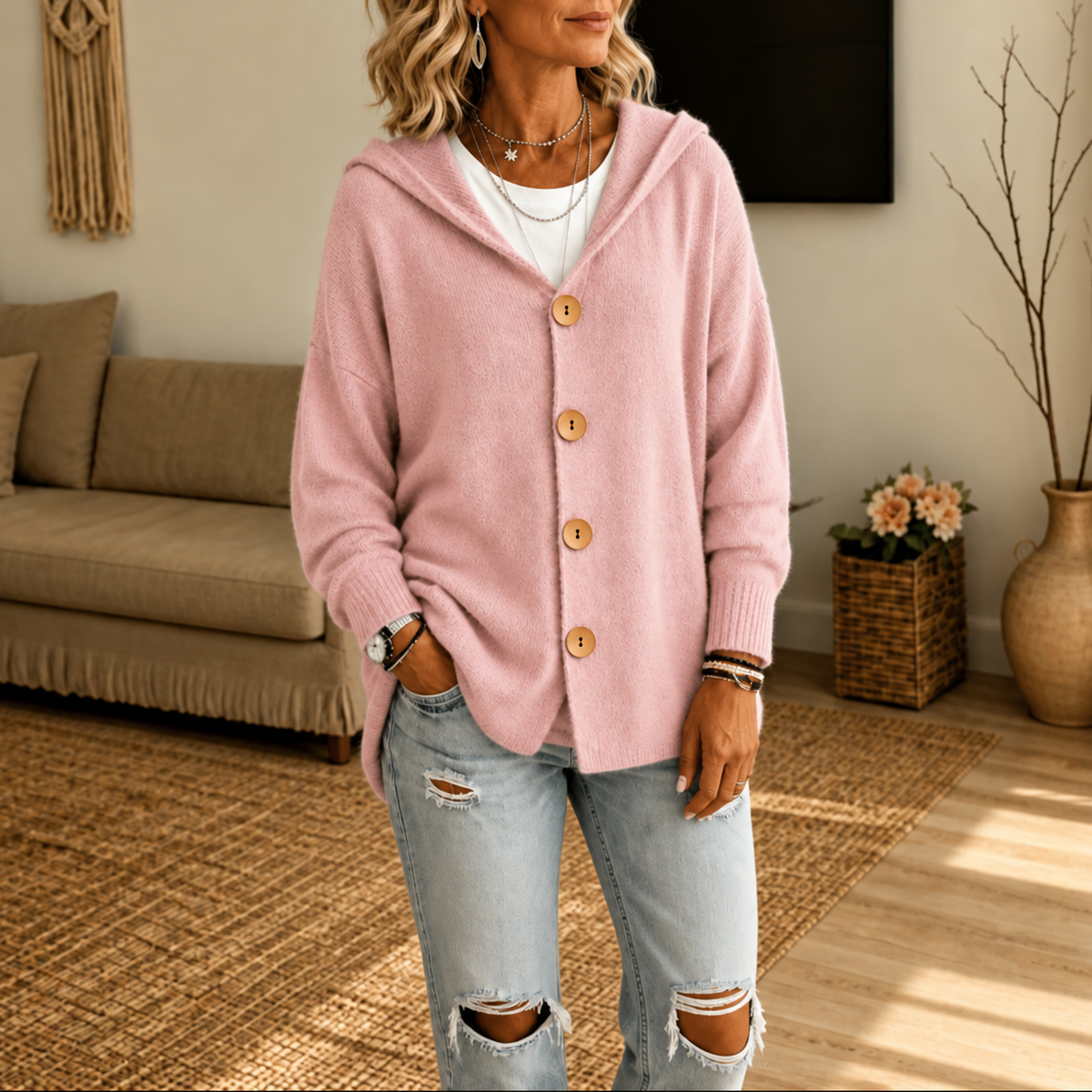 Wearbellax | Hooded Waffle-Knit Button-Front Cardigan