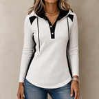 Qearbella | Waffle-Knit Colorblock Button V-Neck Hoodie