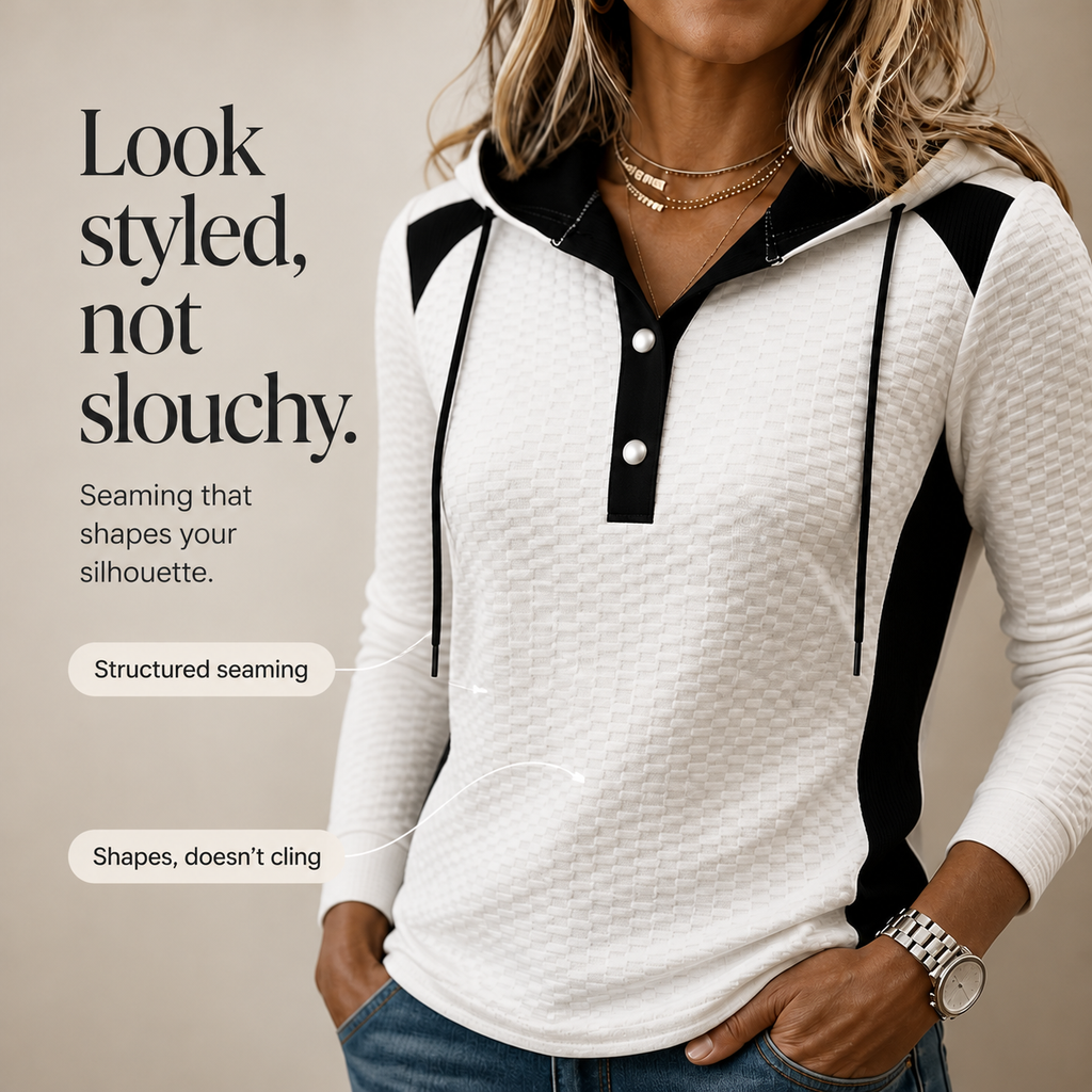 Qearbella | Waffle-Knit Colorblock Button V-Neck Hoodie