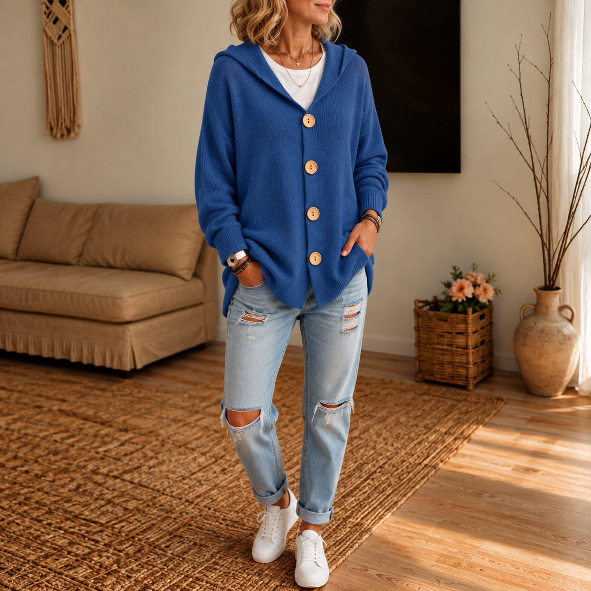Wearbellax | Hooded Waffle-Knit Button-Front Cardigan