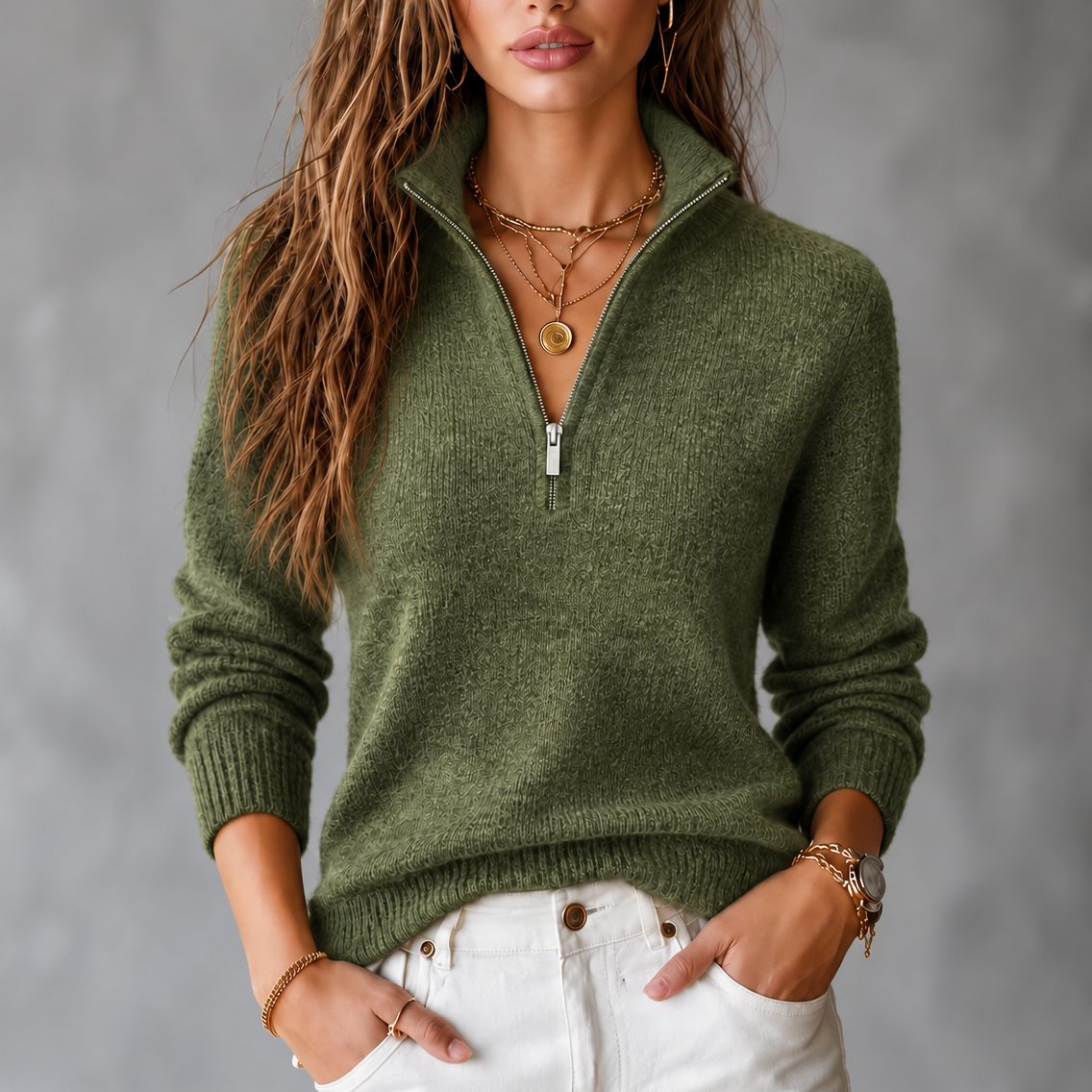 ElevenOra | Half-Zip Collar Textured Knit Sweater