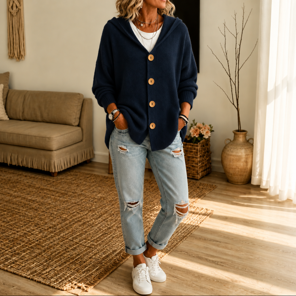 Wearbellax | Hooded Waffle-Knit Button-Front Cardigan