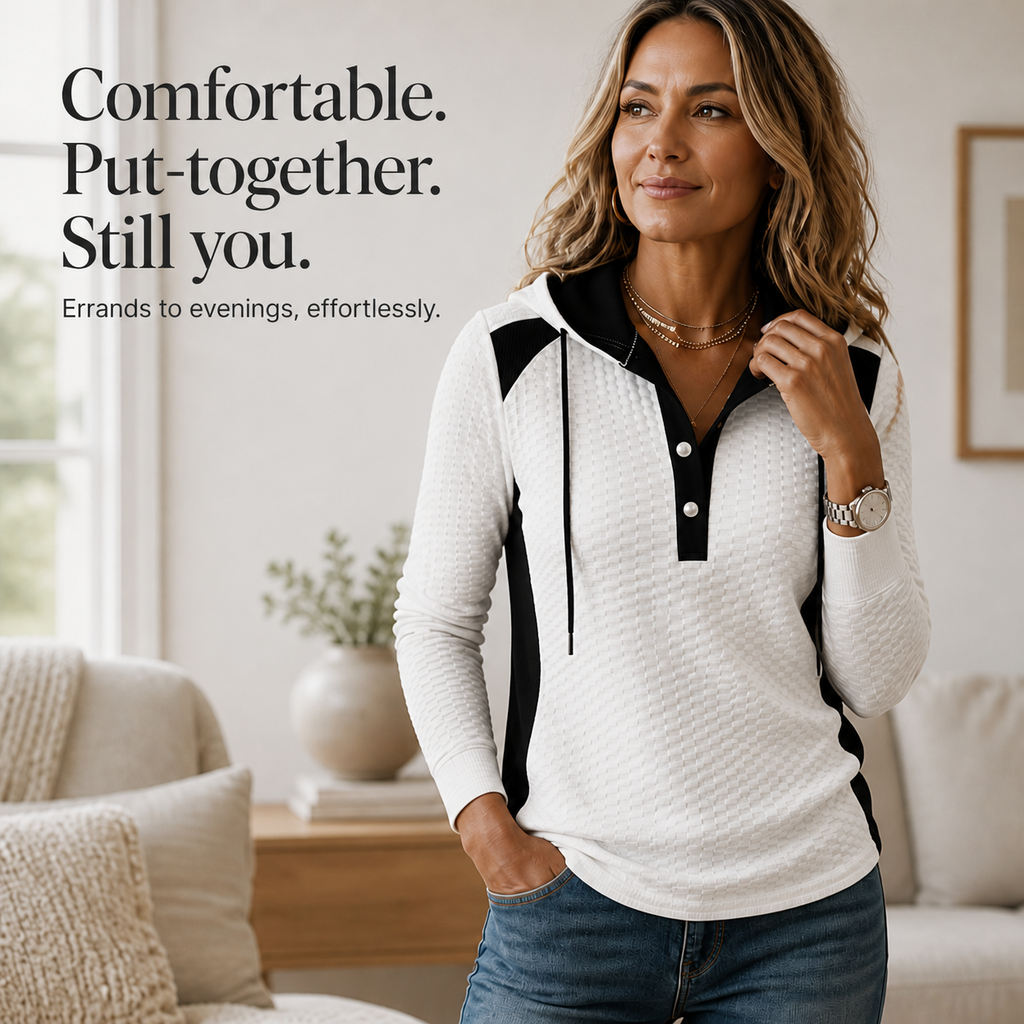 Qearbella | Waffle-Knit Colorblock Button V-Neck Hoodie