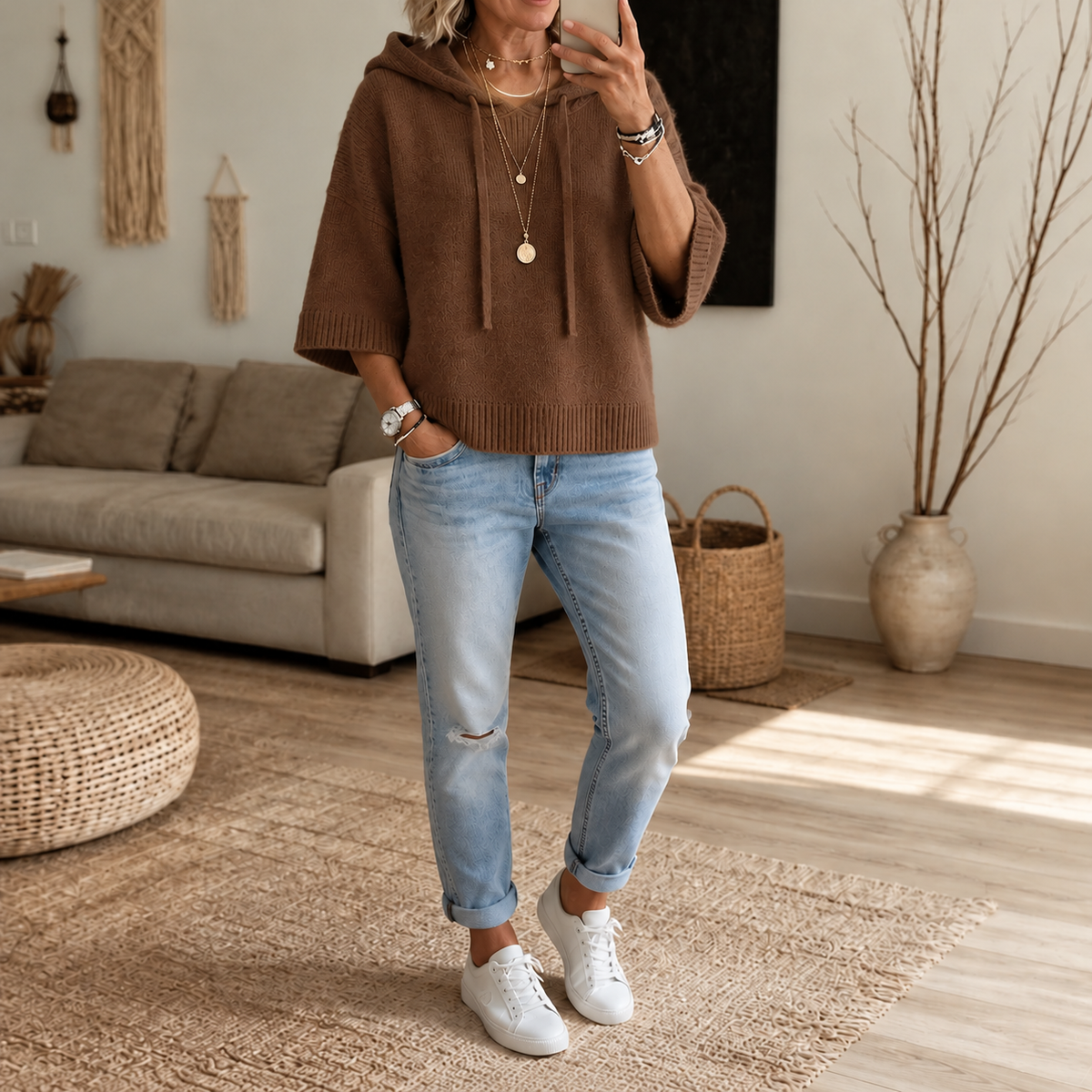 Cozelle | Frayed-Edge Open-Knit Oversized Hoodie