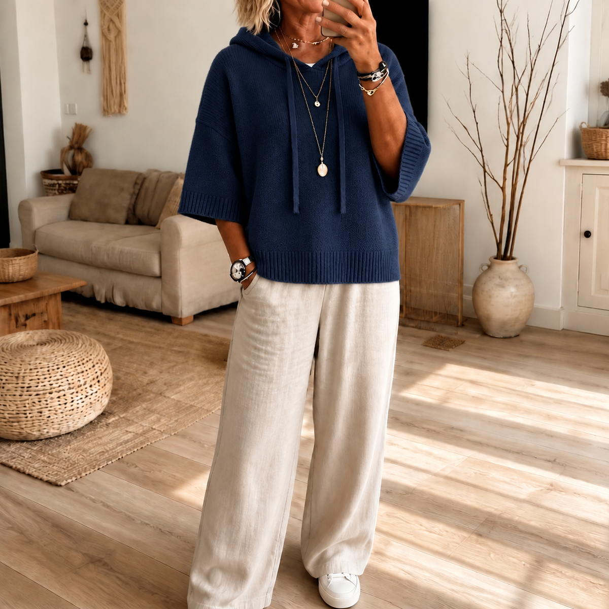 Cozelle | Frayed-Edge Open-Knit Oversized Hoodie