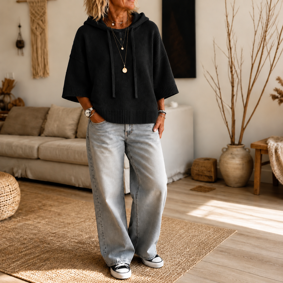 Cozelle | Frayed-Edge Open-Knit Oversized Hoodie