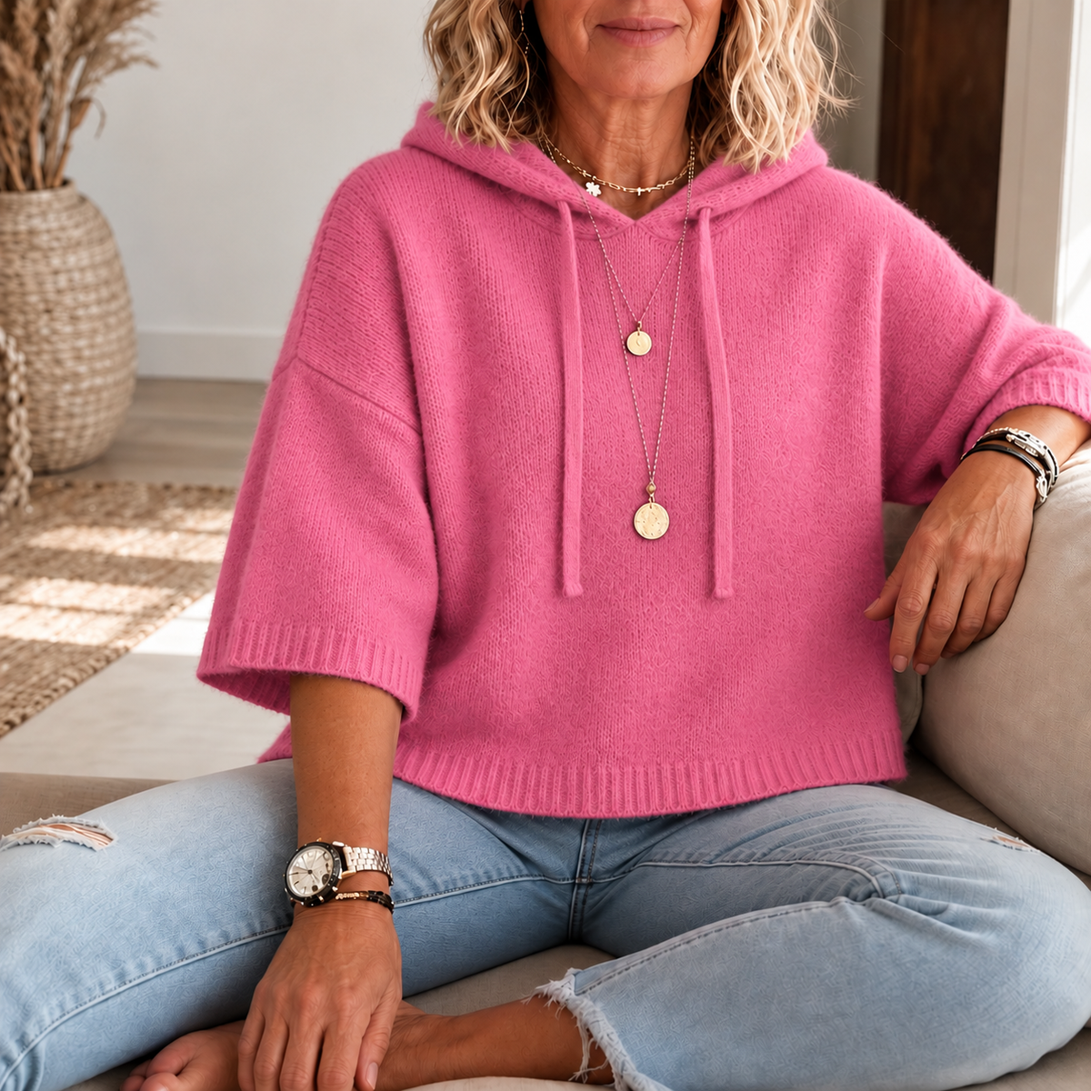 Cozelle | Frayed-Edge Open-Knit Oversized Hoodie