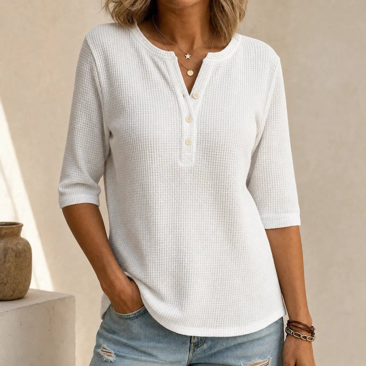 Loravia | Waffle Knit-look Henley Top with Button Placket, 3/4 Sleeve