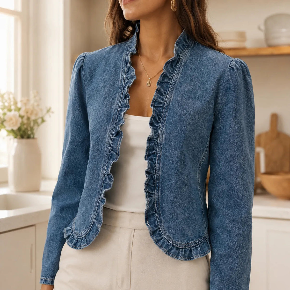 Florelle | Open Front Ruffle Trim Denim-look Jacket for Women