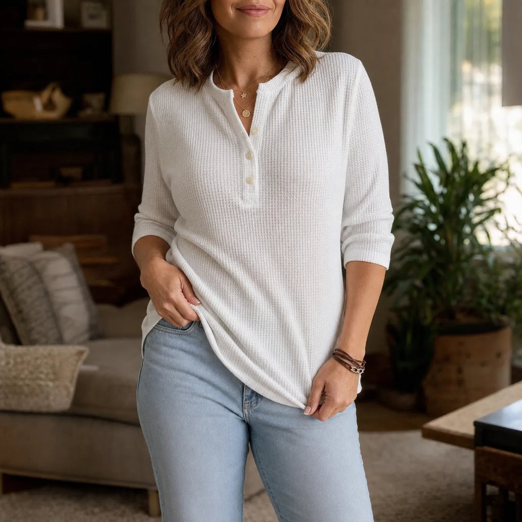 Loravia | Waffle Knit-look Henley Top with Button Placket, 3/4 Sleeve