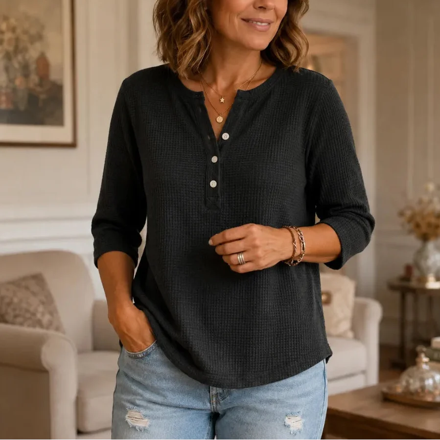 Loravia | Waffle Knit-look Henley Top with Button Placket, 3/4 Sleeve
