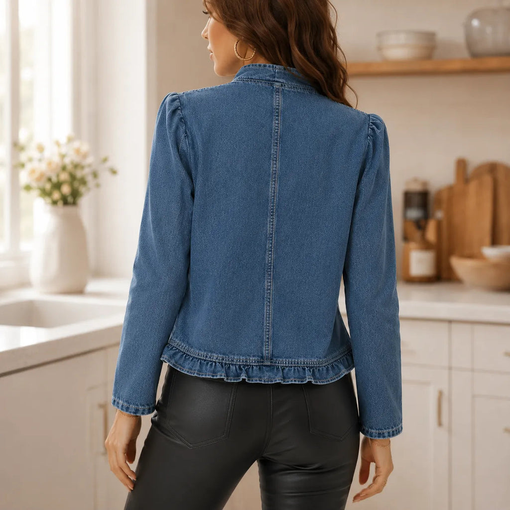 Florelle | Open Front Ruffle Trim Denim-look Jacket for Women