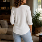 Loravia | Waffle Knit-look Henley Top with Button Placket, 3/4 Sleeve