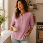 Loravia | Waffle Knit-look Henley Top with Button Placket, 3/4 Sleeve