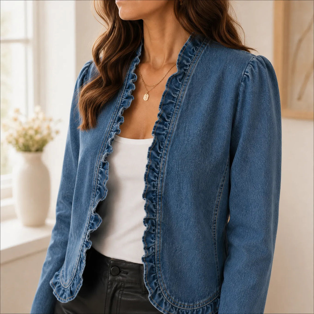 Florelle | Open Front Ruffle Trim Denim-look Jacket for Women
