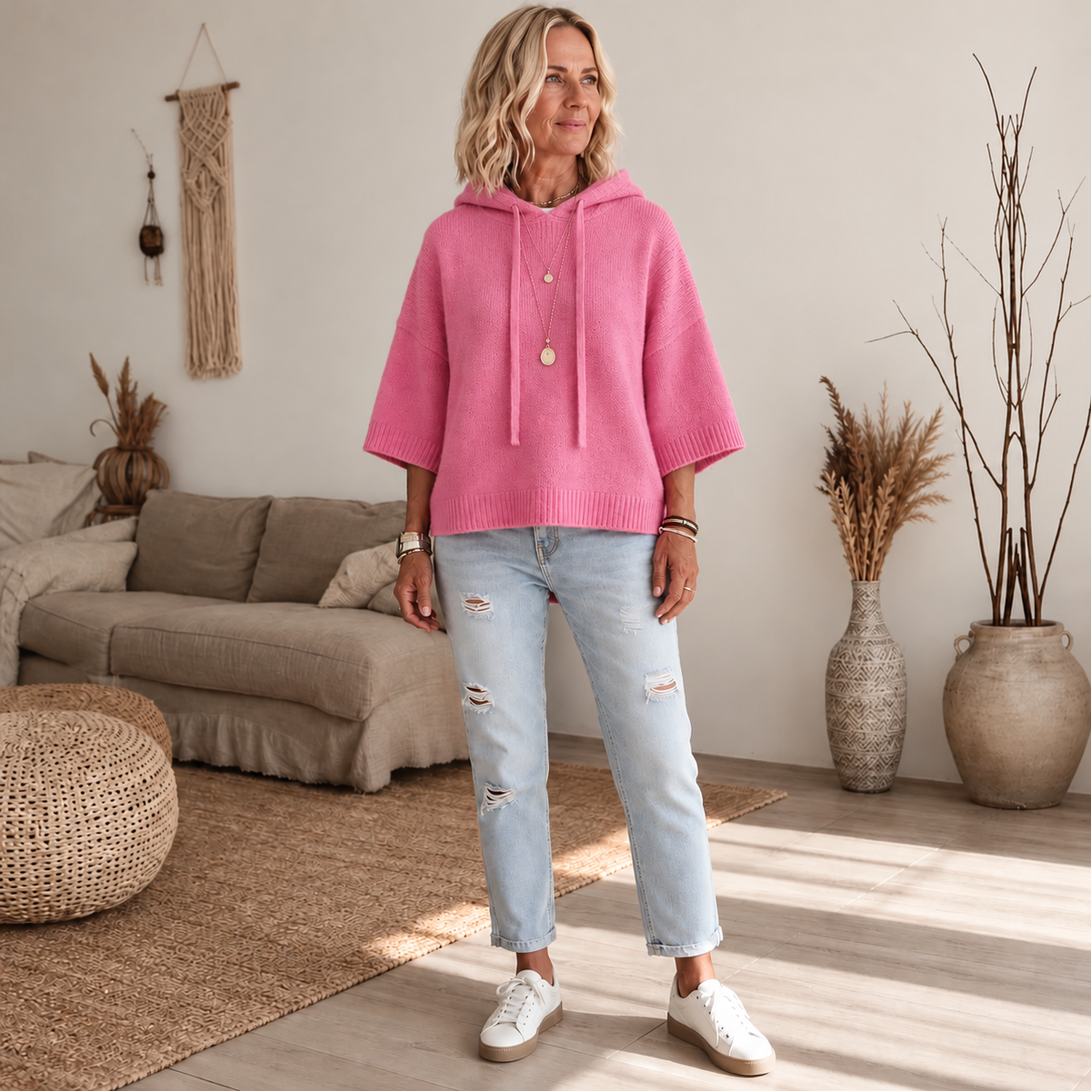 Cozelle | Frayed-Edge Open-Knit Oversized Hoodie