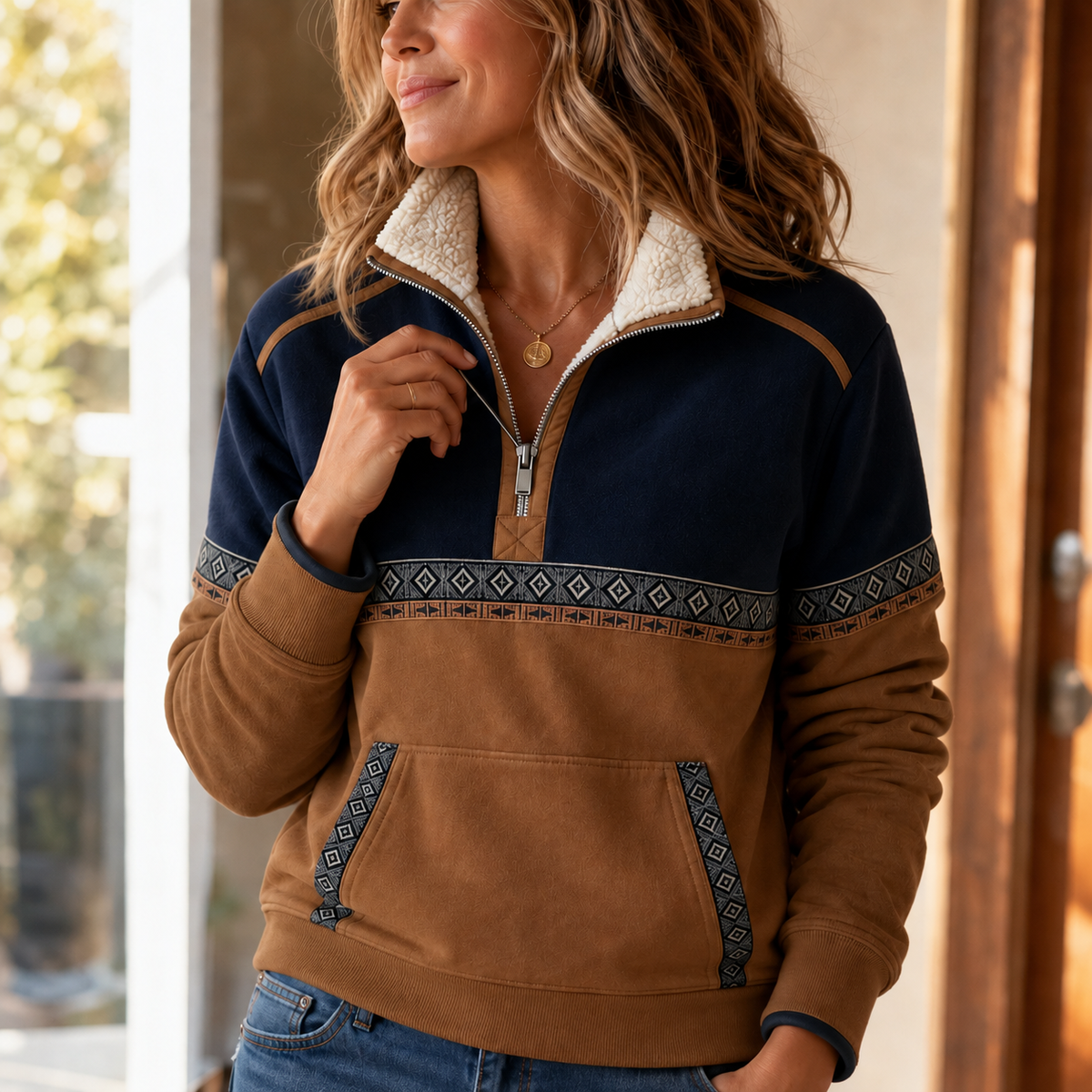 Cozyform | Sherpa Collar Colorblock Half-Zip Pullover