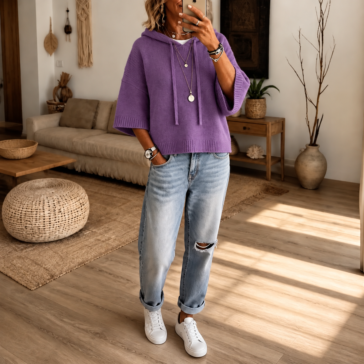 Cozelle | Frayed-Edge Open-Knit Oversized Hoodie
