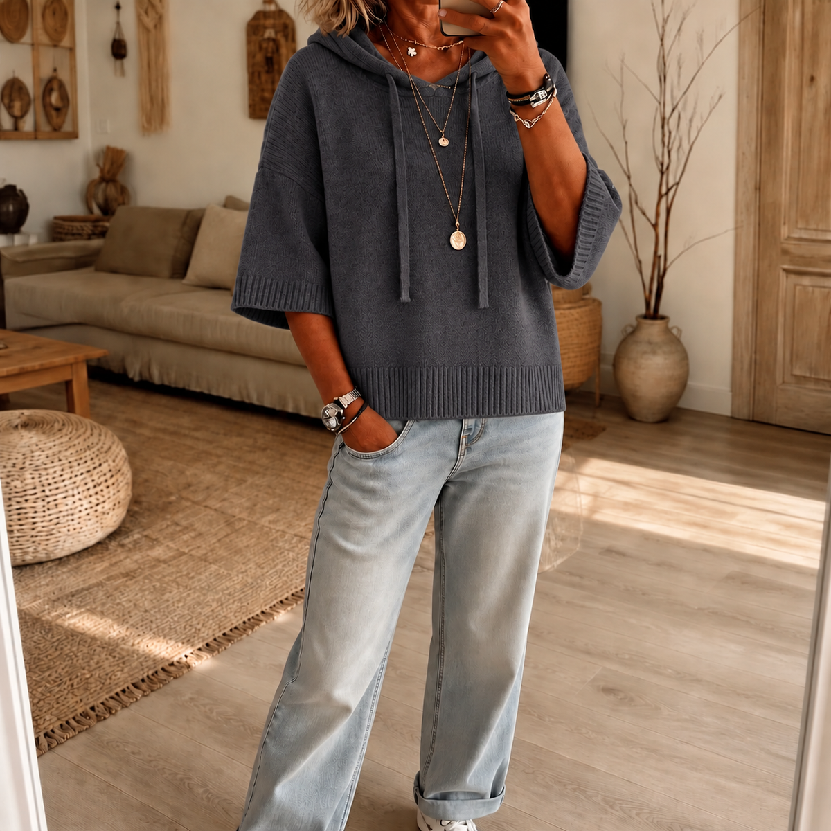 Cozelle | Frayed-Edge Open-Knit Oversized Hoodie