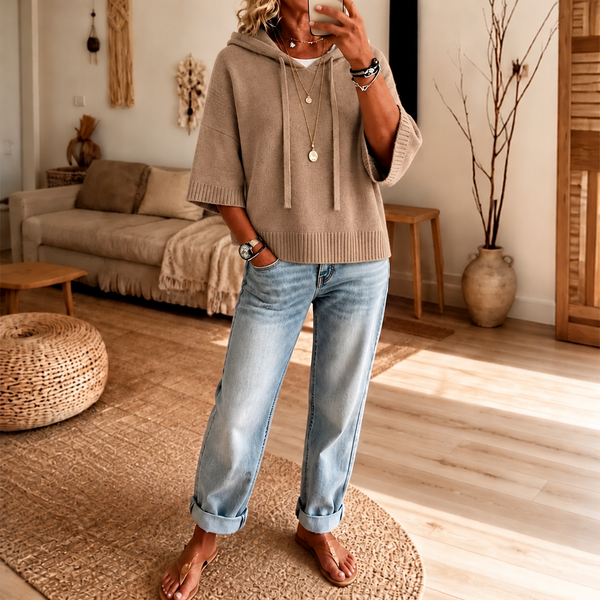 Cozelle | Frayed-Edge Open-Knit Oversized Hoodie