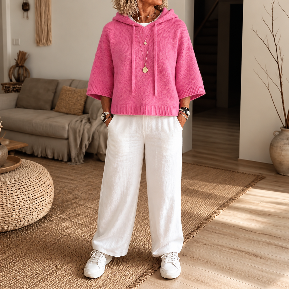 Cozelle | Frayed-Edge Open-Knit Oversized Hoodie