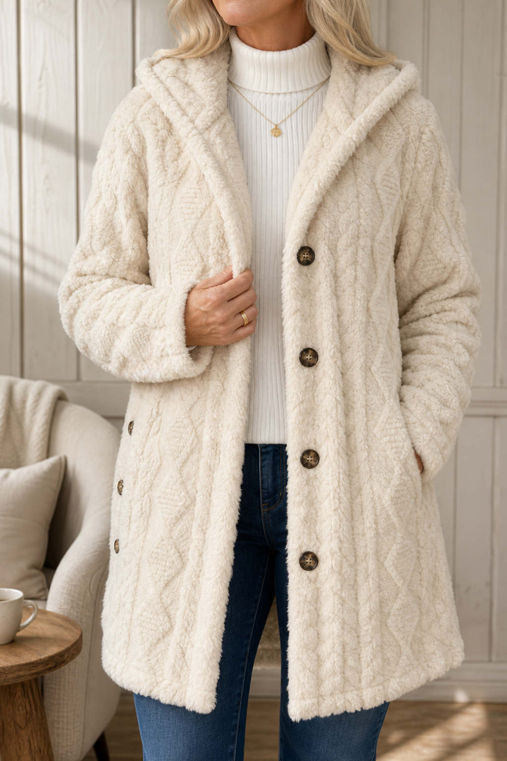 Wealbella | Cable-Knit Hooded Longline Coat