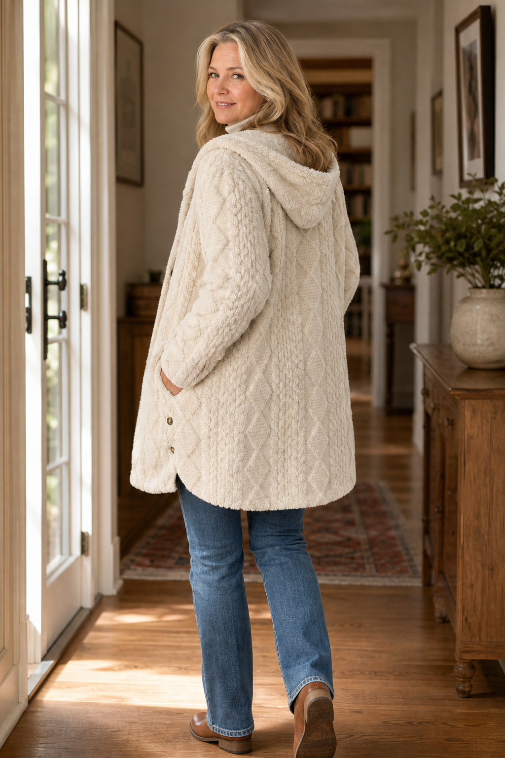 Wealbella | Cable-Knit Hooded Longline Coat