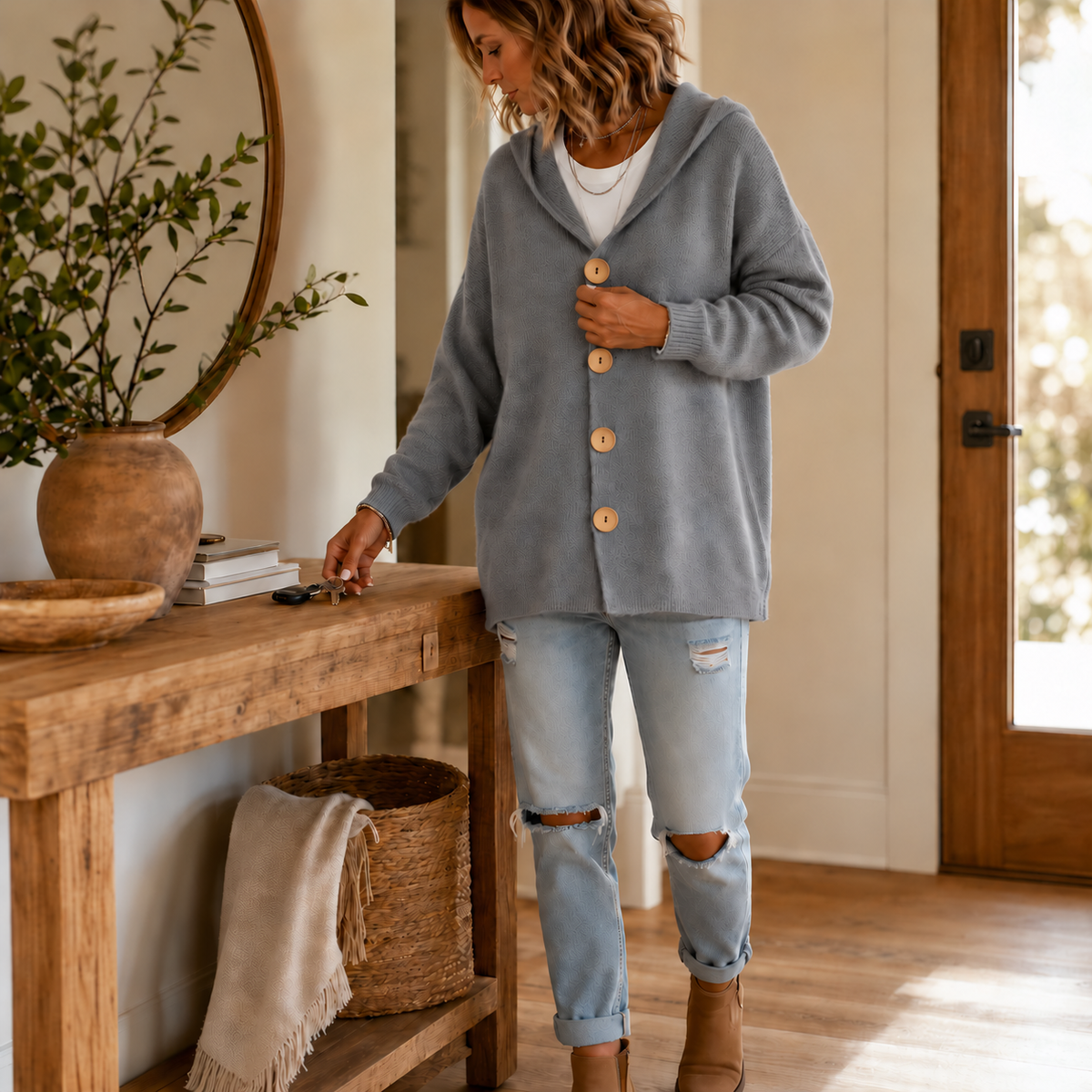 Wearbellax | Hooded Waffle-Knit Button-Front Cardigan
