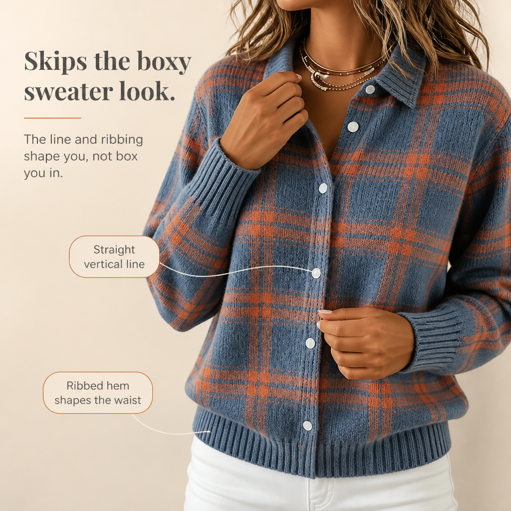 Verawool | Plaid Knit Shirt-Collar Cardigan
