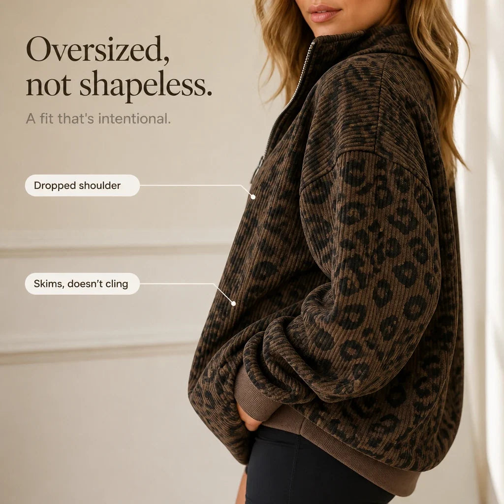 Roamprint | Leopard Print Oversized Quarter-Zip Sweatshirt