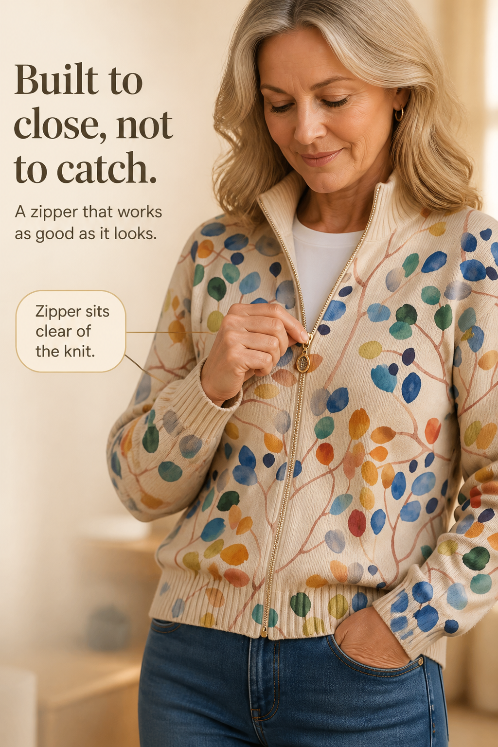 Threezip | Botanical Print Zip-Up Bomber Cardigan