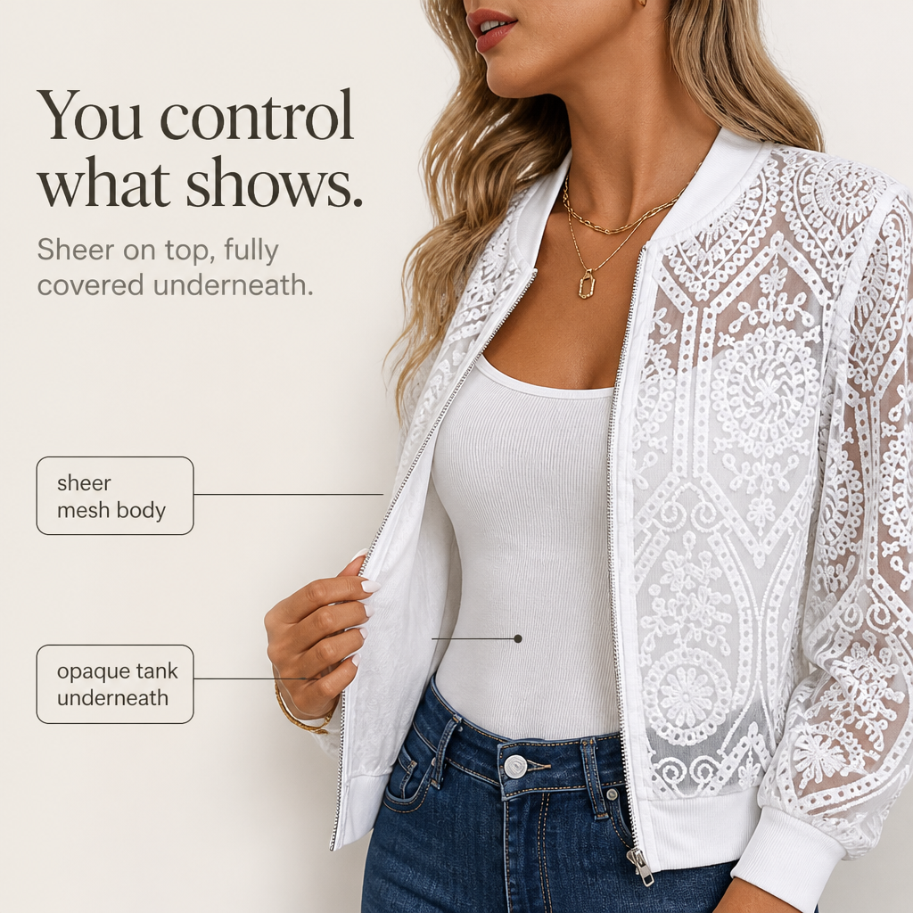 Laceleigh | Sheer Floral Lace Bomber Jacket