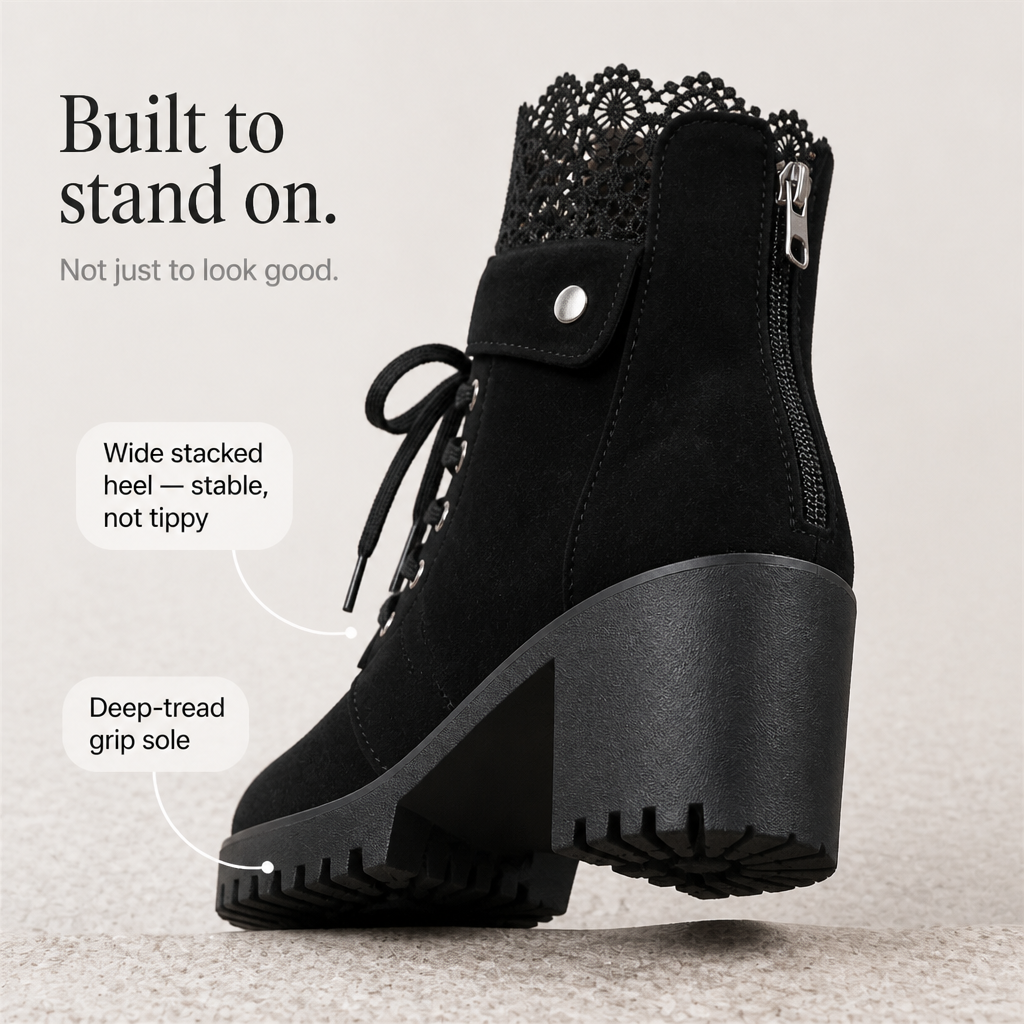 Lacevoya | Lace-Up Chunky Heel Ankle Booties