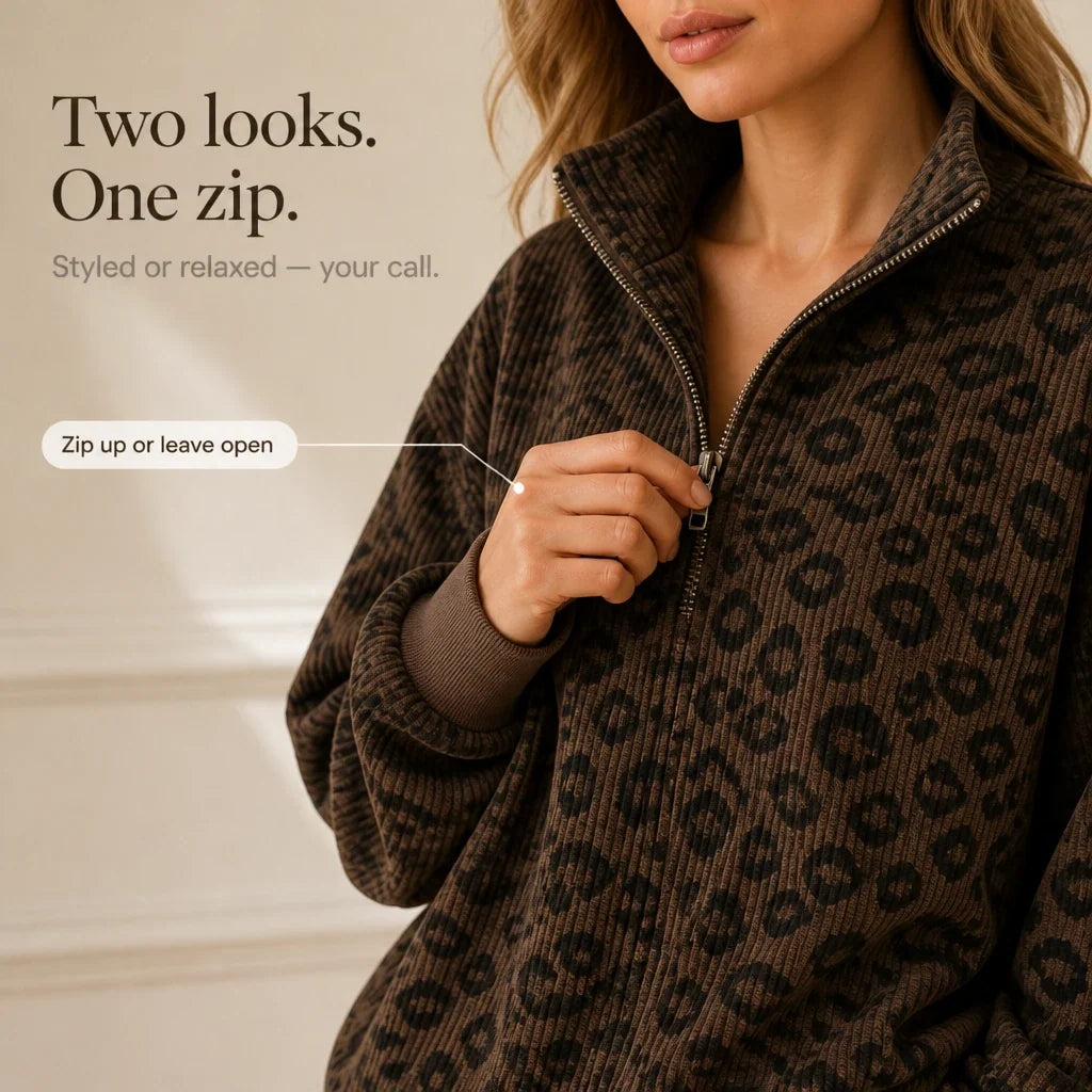 Roamprint | Leopard Print Oversized Quarter-Zip Sweatshirt