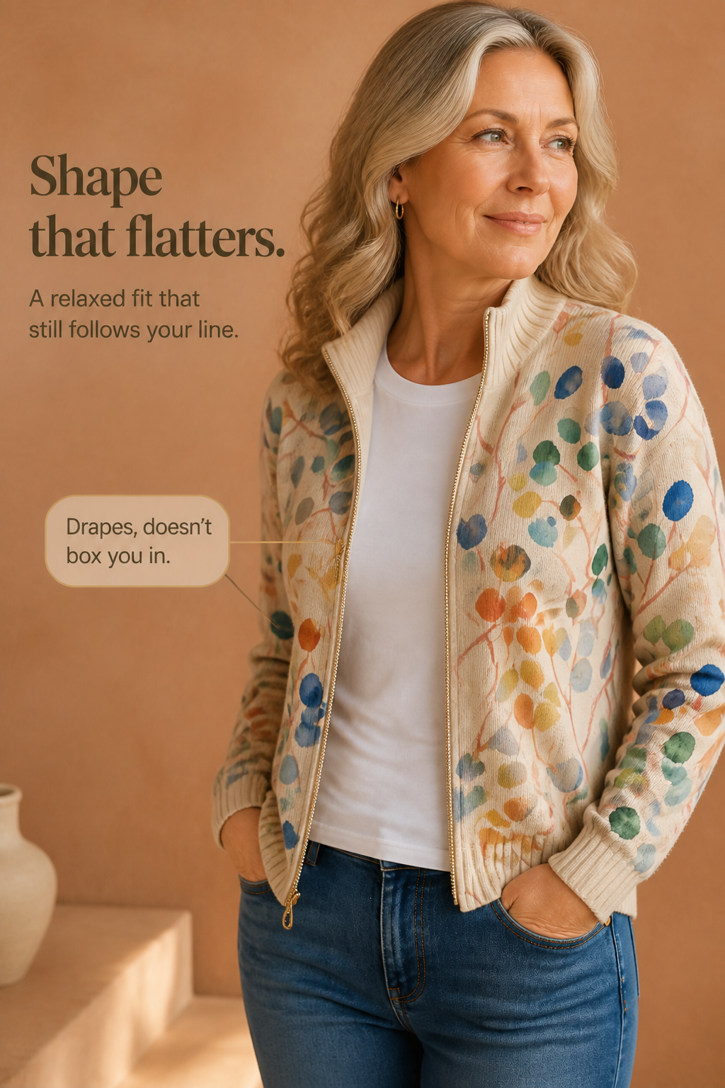 Threezip | Botanical Print Zip-Up Bomber Cardigan