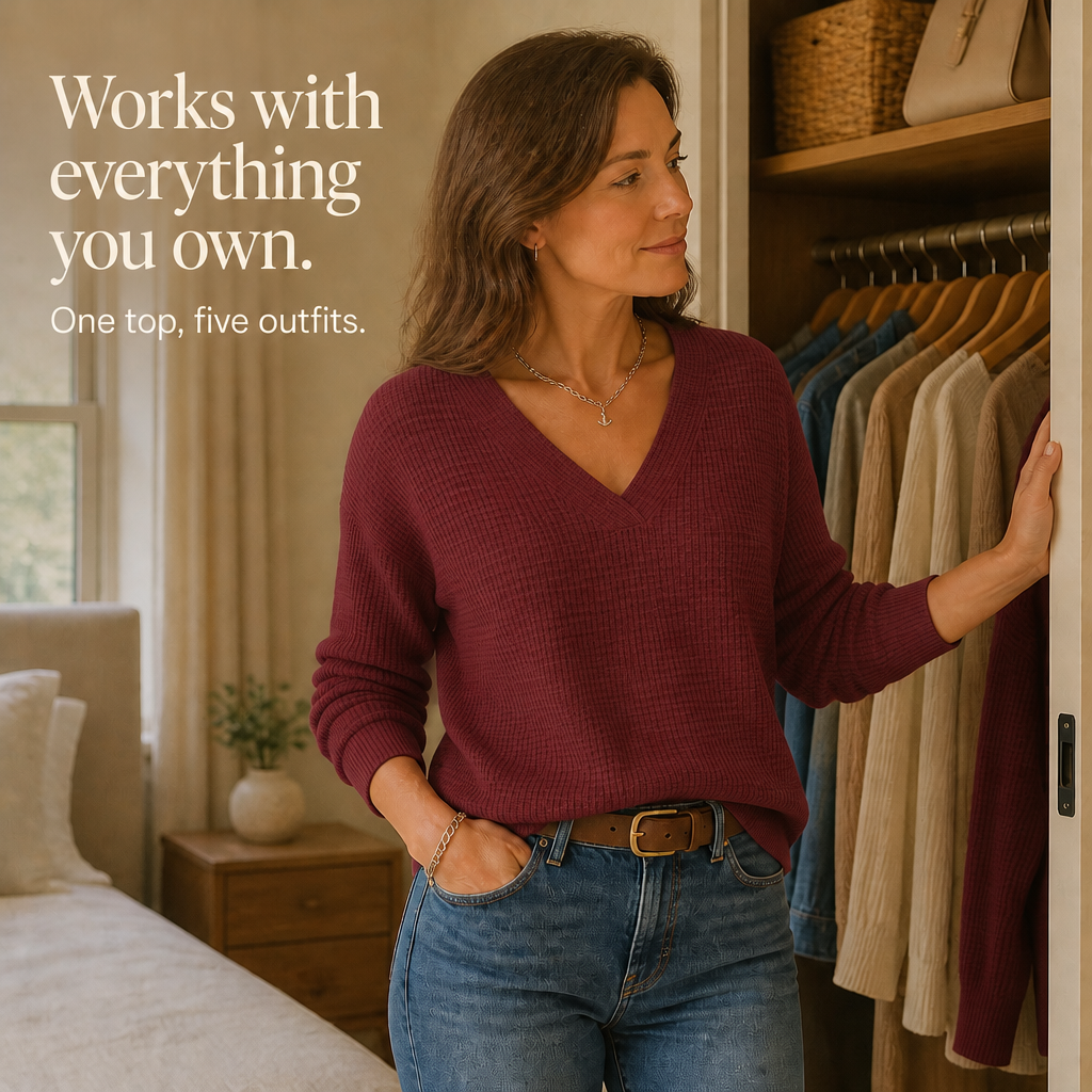 Pearbella | Waffle Knit Drop-Shoulder V-Neck Top