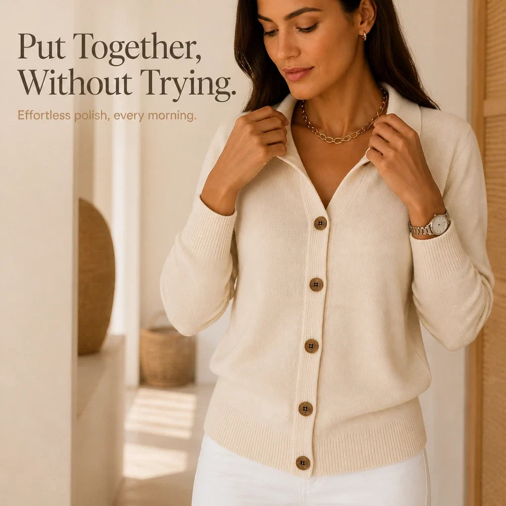 Collara | Turn-Down Collar Contrast-Button Knit Cardigan