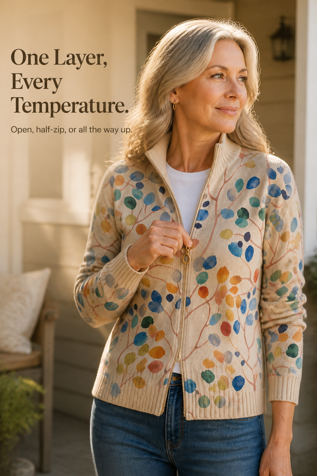 Threezip | Botanical Print Zip-Up Bomber Cardigan