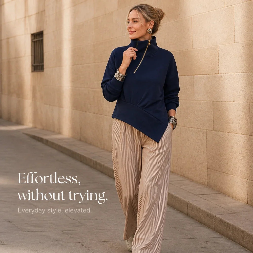 Velaire | Asymmetric Diagonal-Zip High-Neck Sweatshirt