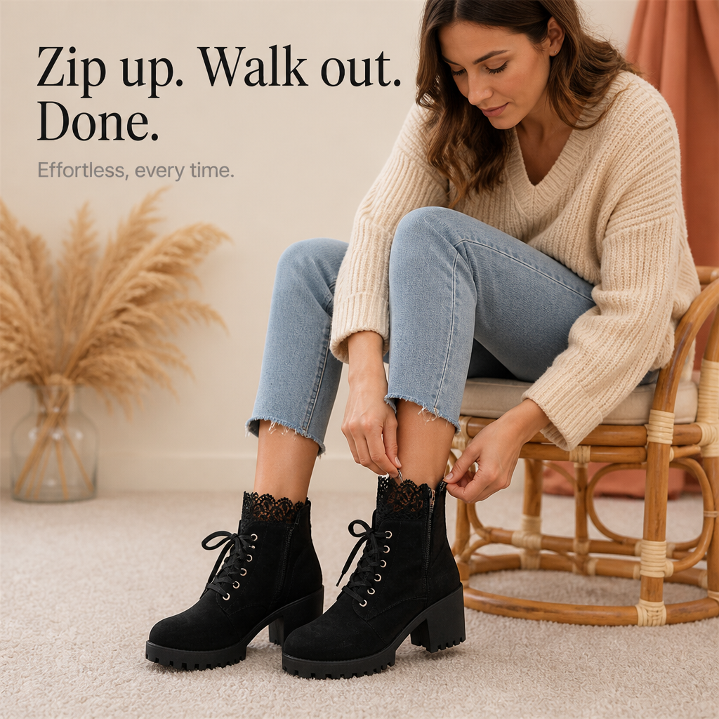 Lacevoya | Lace-Up Chunky Heel Ankle Booties