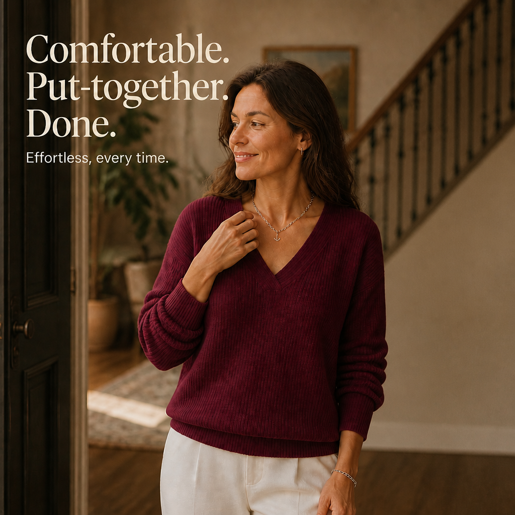 Pearbella | Waffle Knit Drop-Shoulder V-Neck Top