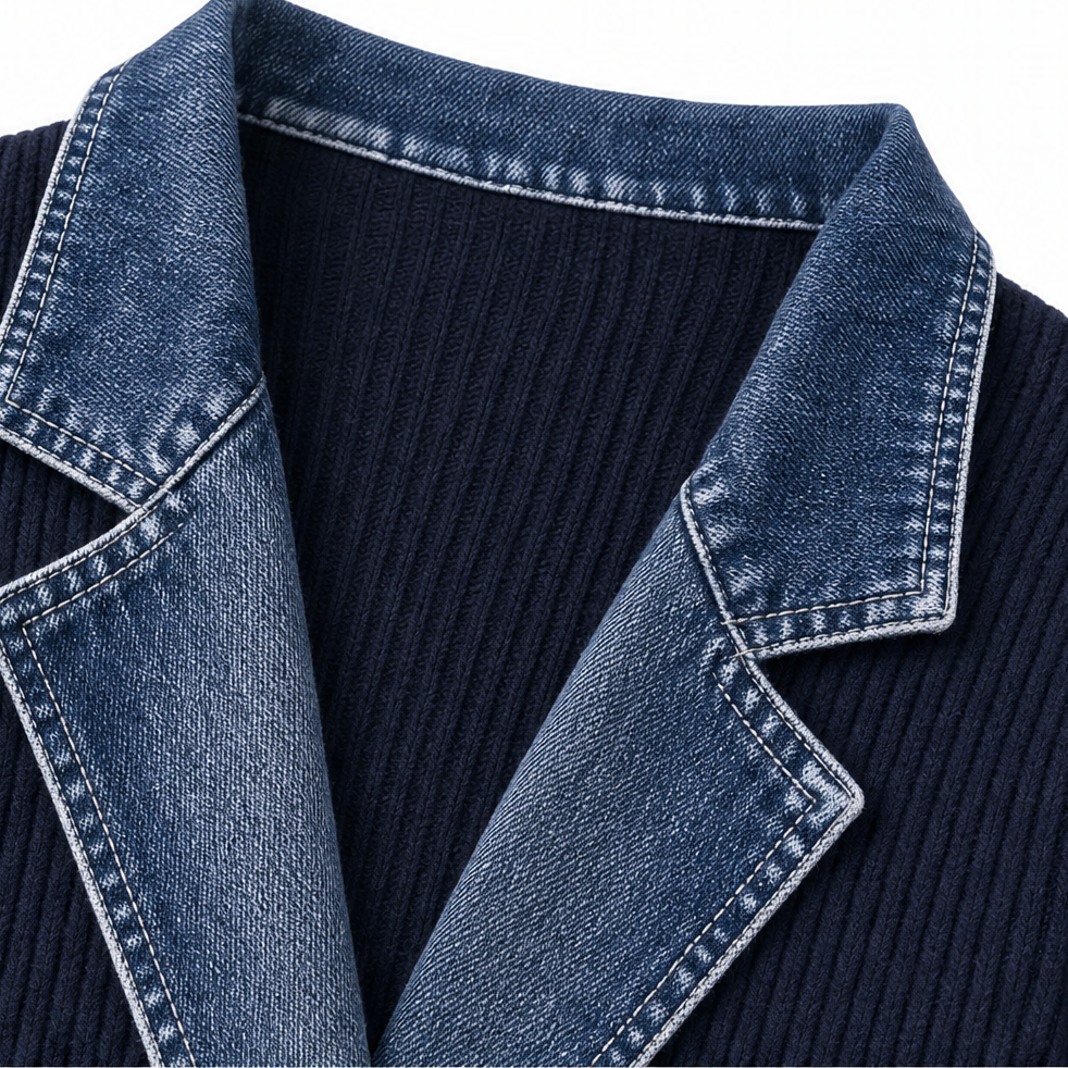Wearbele | Spliced Denim Ribbed-Knit Longline Jacket