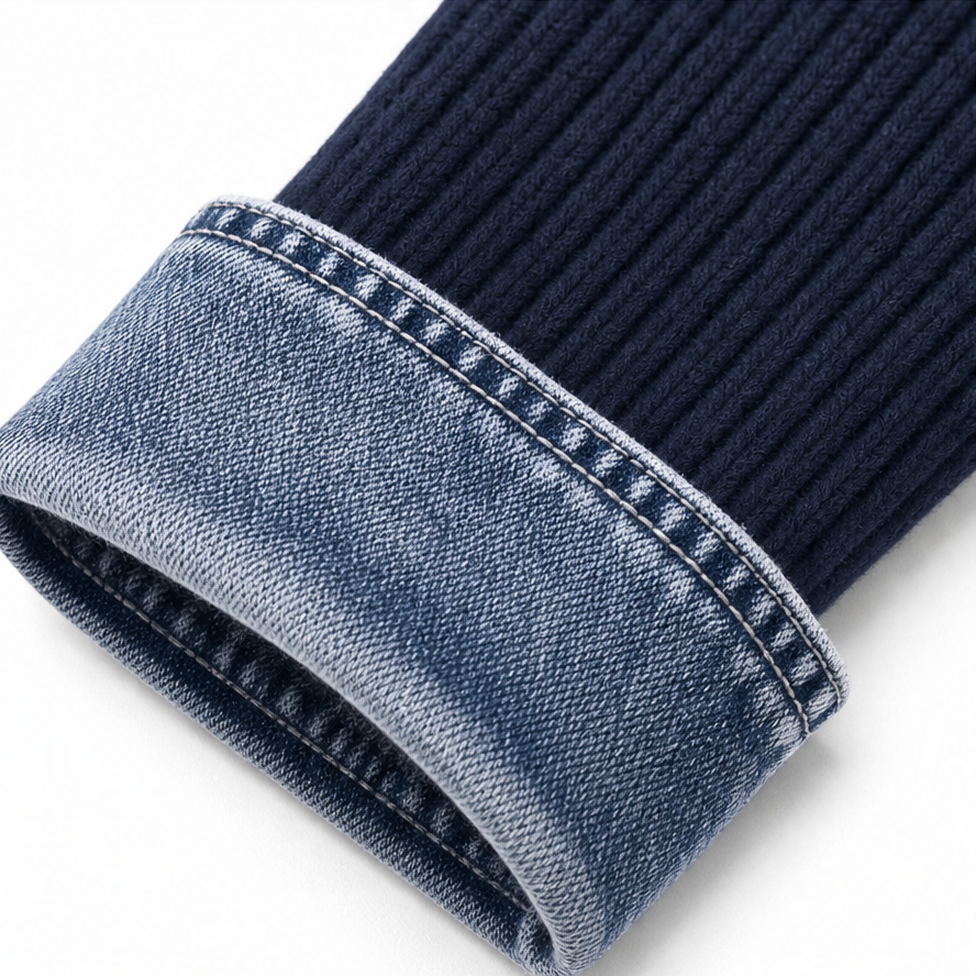 Wearbele | Spliced Denim Ribbed-Knit Longline Jacket