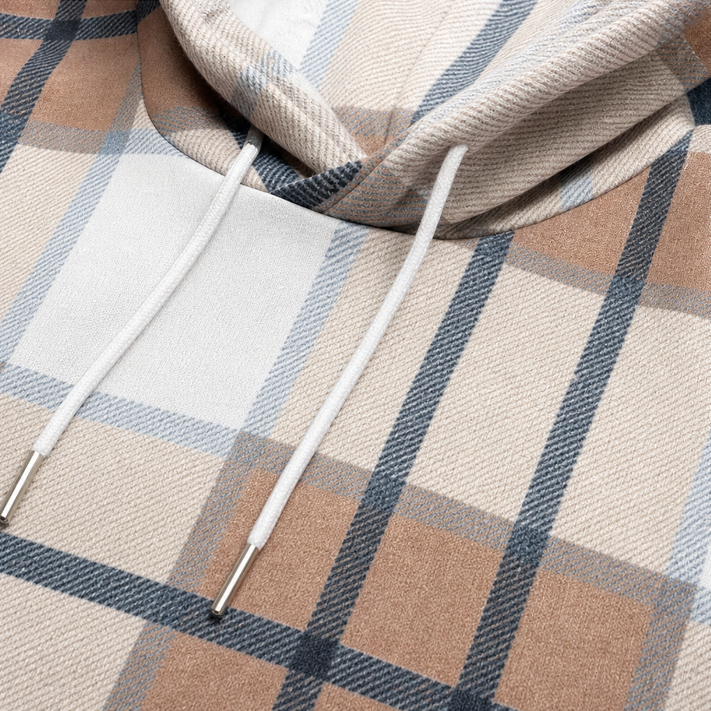 Plaidwell | Drawstring V-Neck Hooded Plaid Top