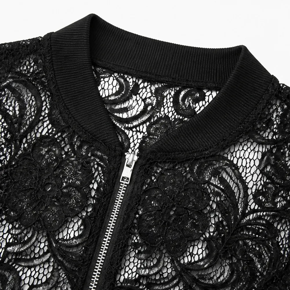 Lacelle | Floral Lace Zip Up Bomber Jacket for Women